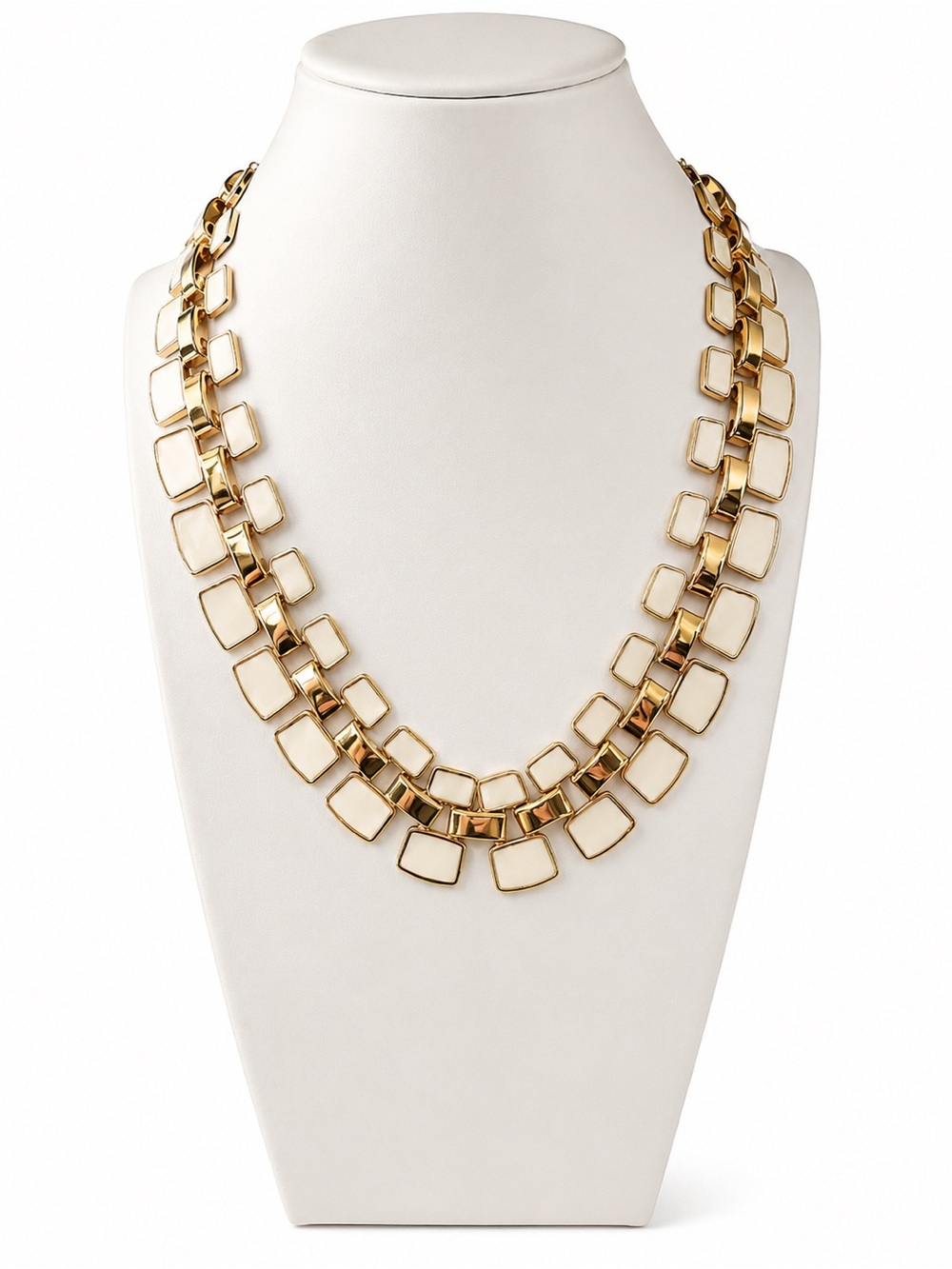 Vintage Cream  Enamel Geometric Necklace – Gold Tone Mod Statement